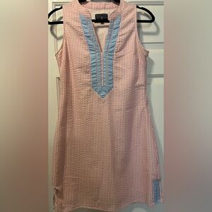 Duffield Lane Grand Dress in pink and white seersucker